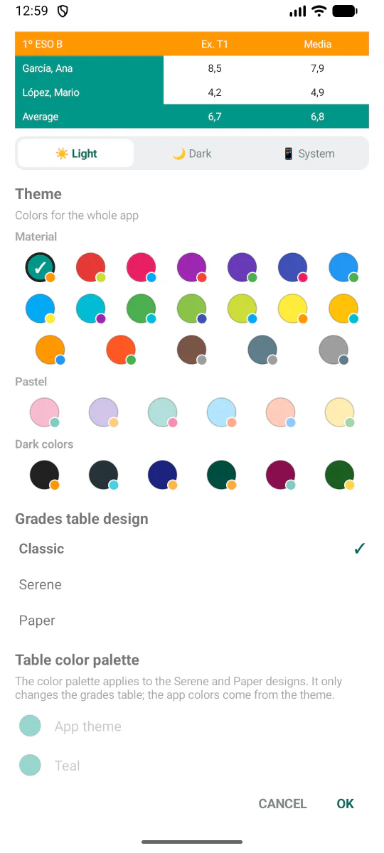 Impostazioni di modalità chiara, scura e di sistema, colori e tabella dei voti in Teacher Gradebook.