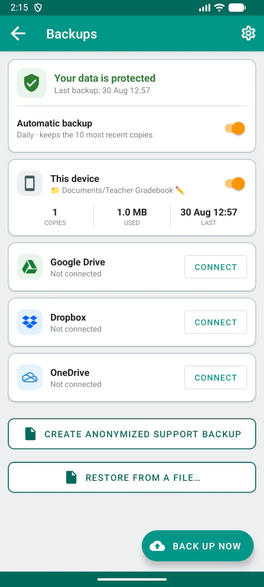 Opzioni di backup locale e cloud facoltativo in Teacher Gradebook.