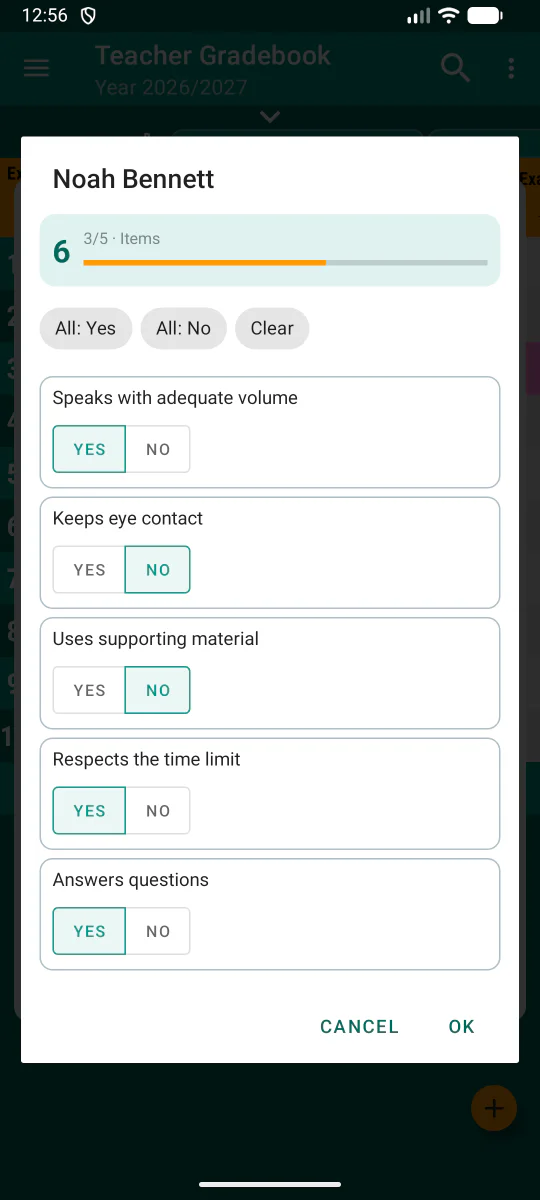 Lista di controllo completata per valutare un’attività in Teacher Gradebook.
