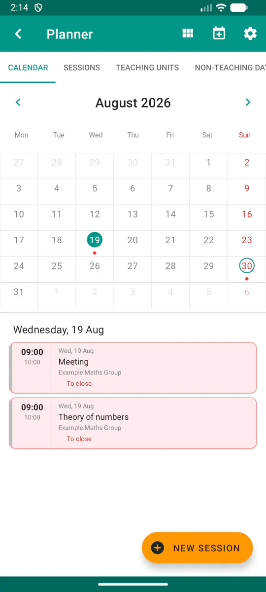 Kalender des Unterrichtsplaners in Teacher Gradebook.