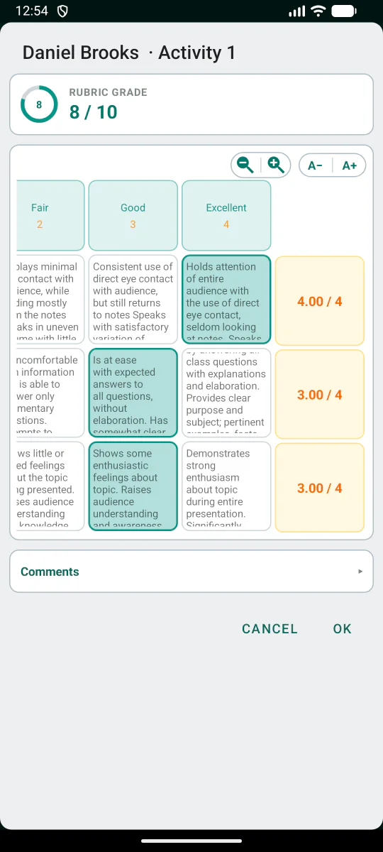 Ausgefülltes Bewertungsraster mit Leistungsstufen und Beschreibungen in Teacher Gradebook.