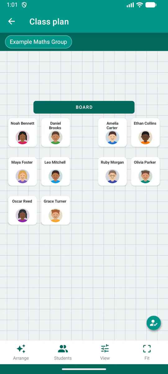 Pianta della classe con la posizione degli studenti in Teacher Gradebook.