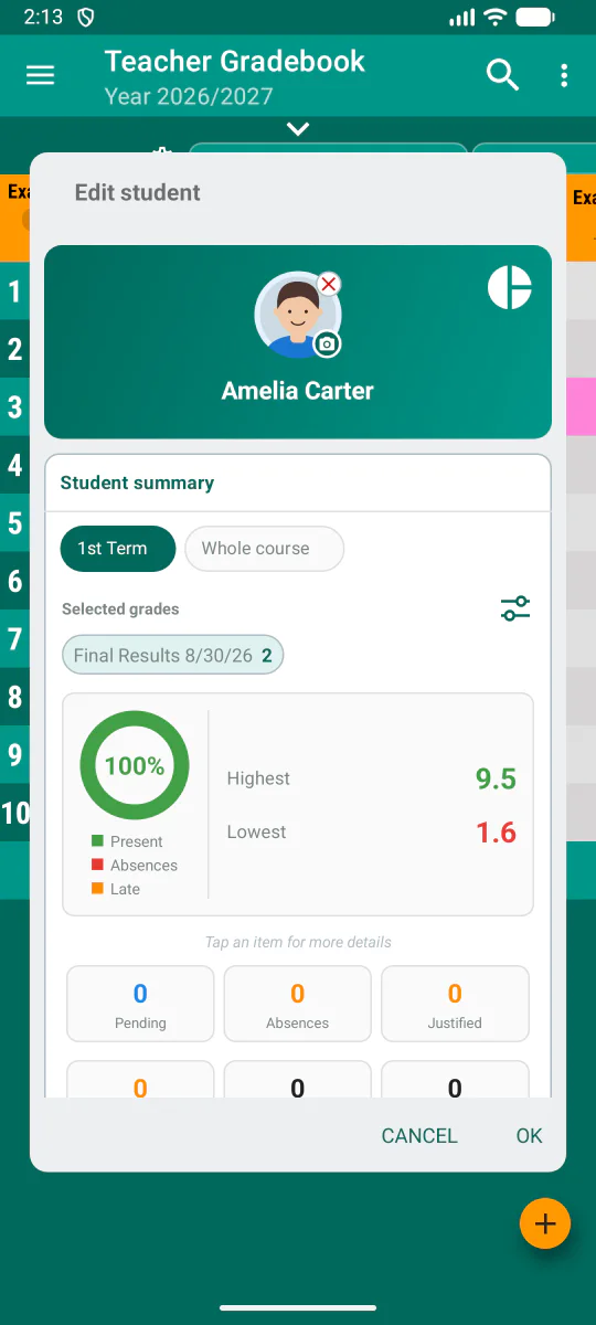 Lernendenprofil mit schulischer Zusammenfassung in Teacher Gradebook.