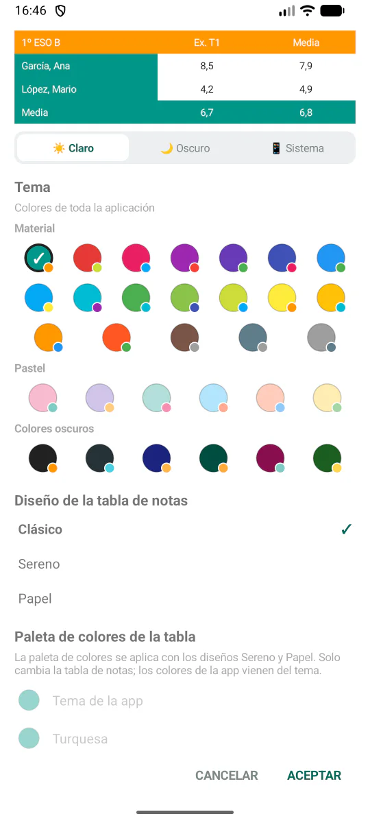 Configuración de apariencia clara, oscura o del sistema, temas de color y diseños de la tabla de notas.