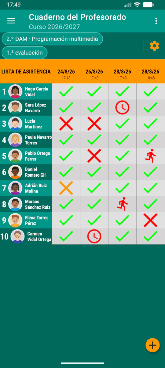 Lista de asistencia con registros de presencia, ausencia, retraso y otras incidencias.