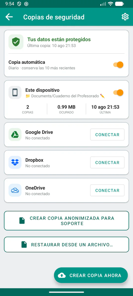 Opcions de còpia local i al núvol opcional a Quadern del Professorat.