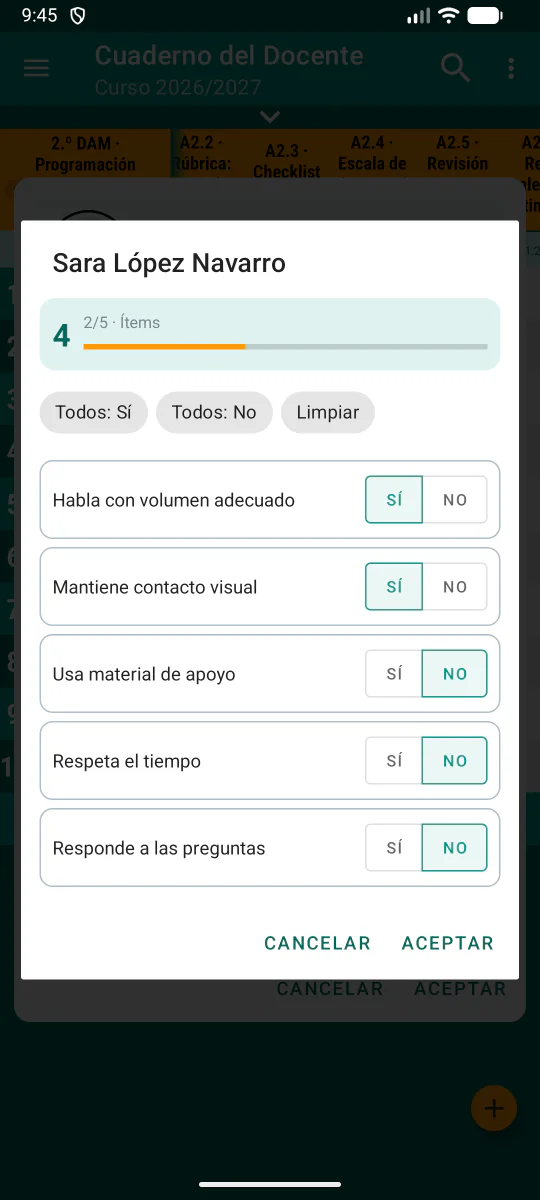 Lista de cotejo cumplimentada para evaluar una actividad.