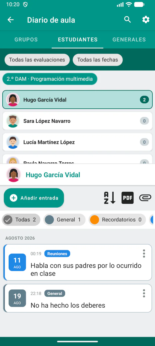 Diari d’aula amb entrades relacionades amb l’alumnat a Quadern del Professorat.