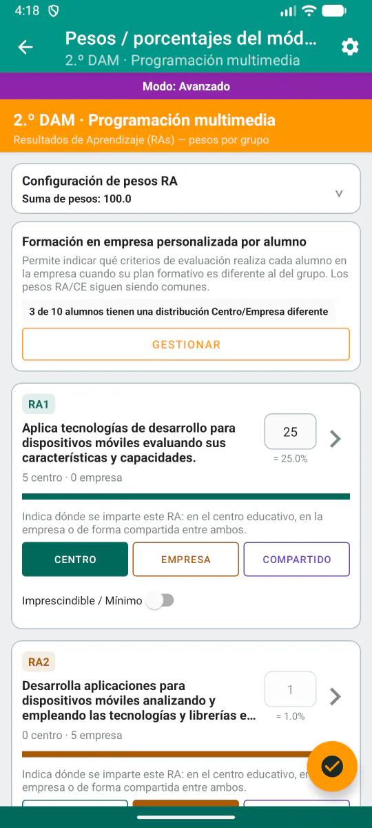 Configuració del pes de la formació a l’empresa per als resultats d’aprenentatge.