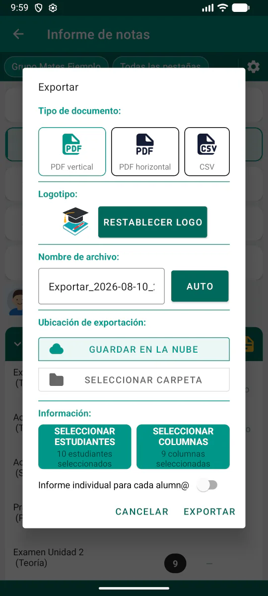 Opciones para exportar informes de notas en PDF y CSV.