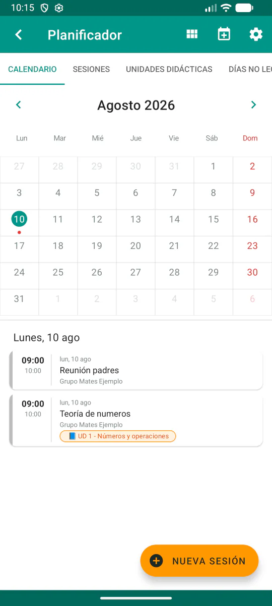 Calendario del planificador con las sesiones programadas para el día seleccionado.