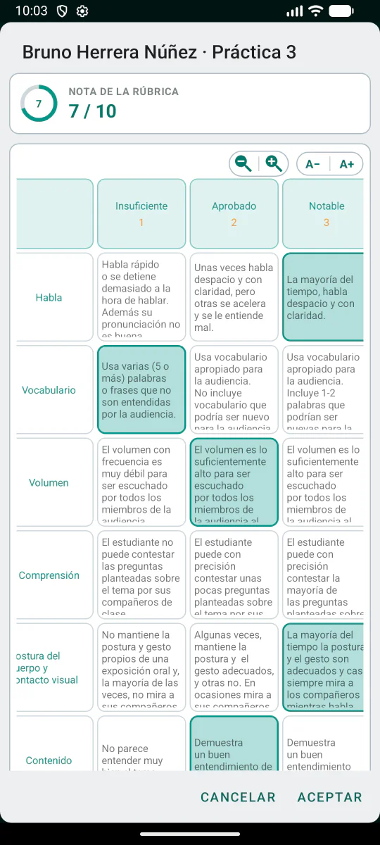 Rúbrica de evaluación con criterios, niveles de desempeño y resultado.