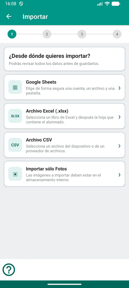 Asistente de importación masiva de alumnado desde Google Sheets, Excel o CSV.