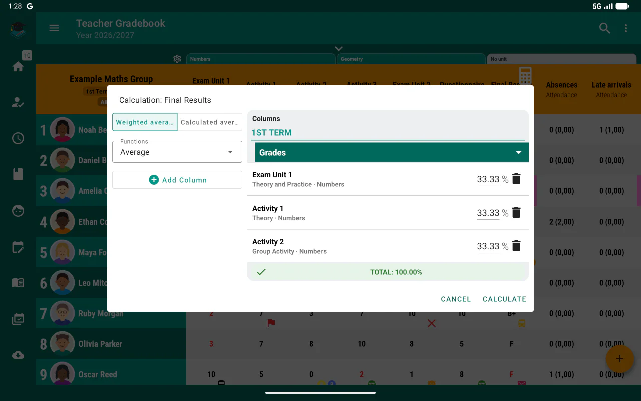 Configurazione di una media ponderata in Teacher Gradebook.