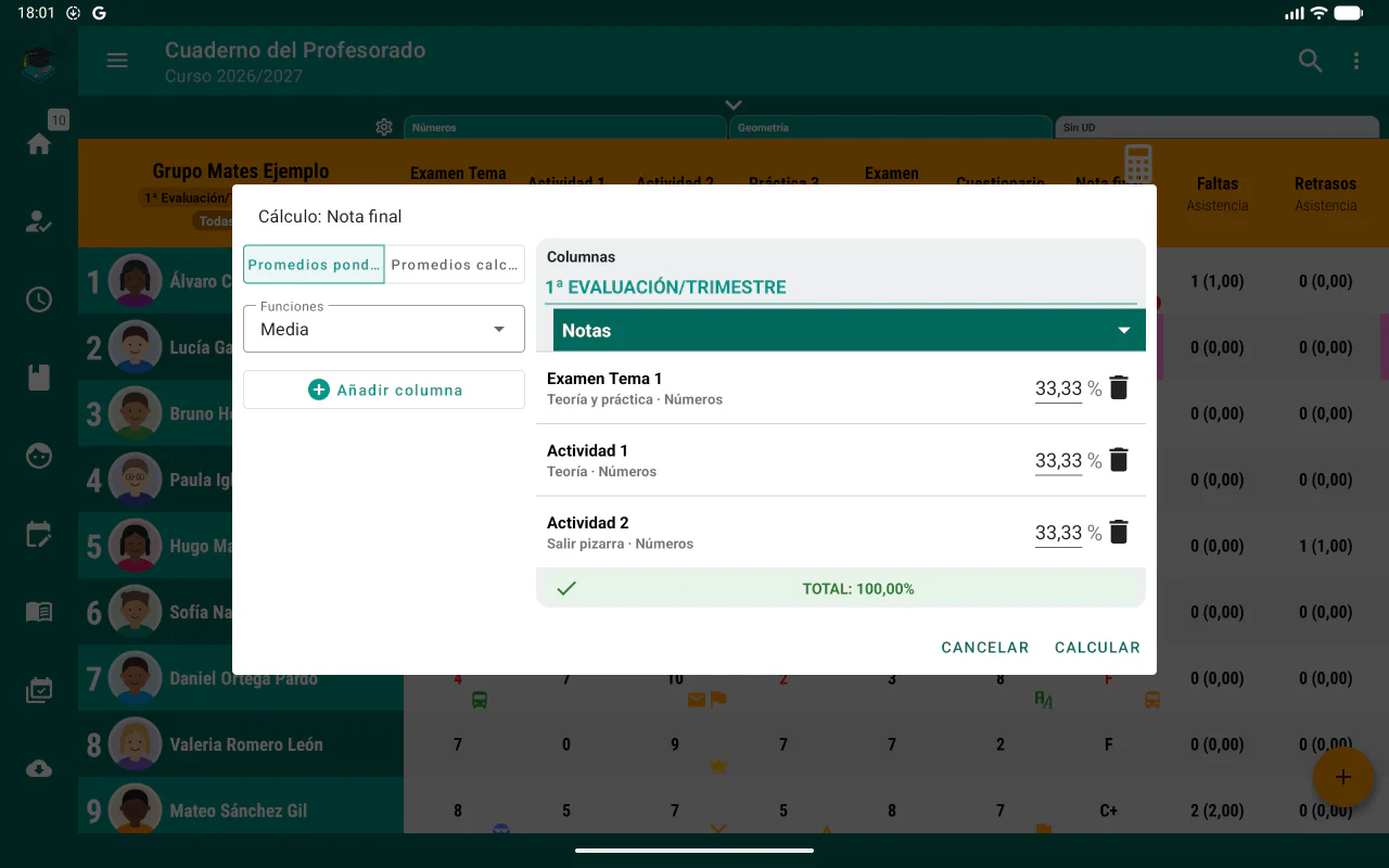 Configuración de porcentajes para calcular una media ponderada en el cuaderno de calificaciones.
