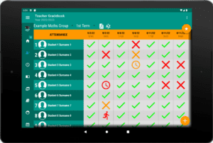 Asistencia de la app cuaderno del profesor y profesora en tableta